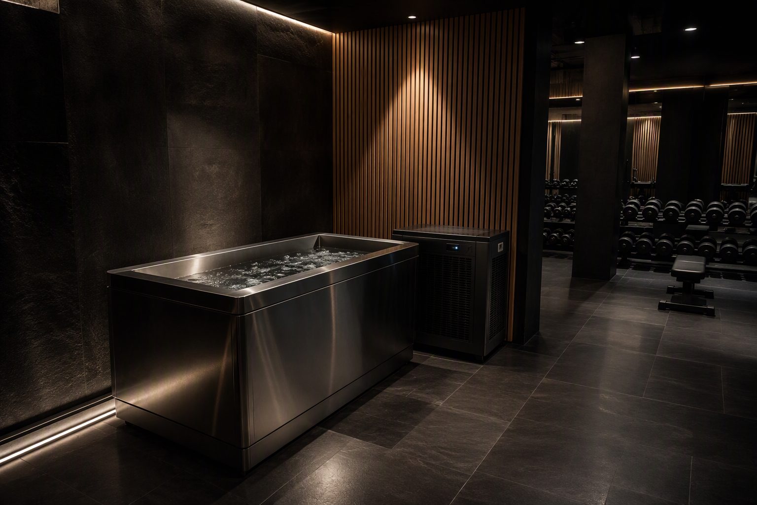 Commercial stainless steel plunge pool in a dark premium gym recovery area