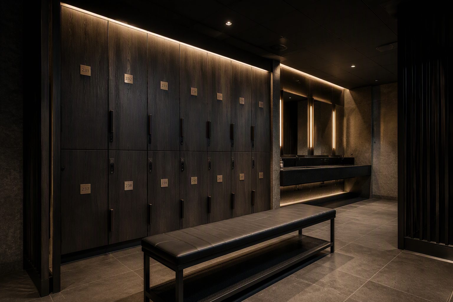 Premium gym changing room with dark timber lockers and black bench seating