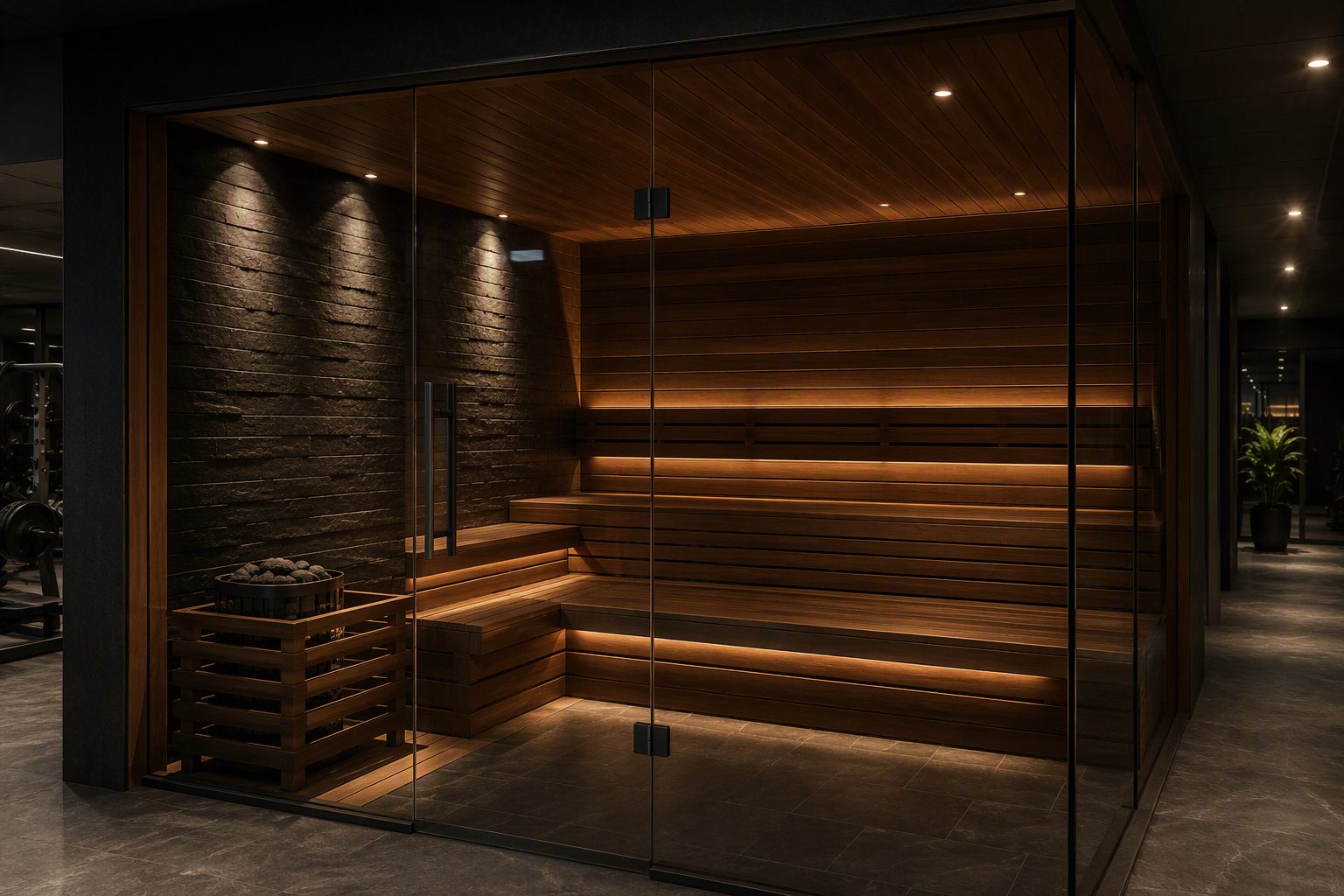 Premium commercial sauna with warm timber benches and glass front