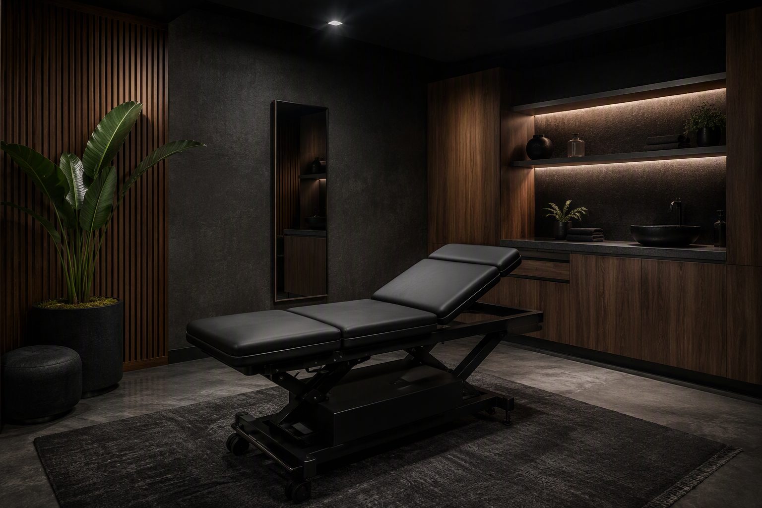 Professional treatment bed in a dark premium therapy room with warm wood cabinetry