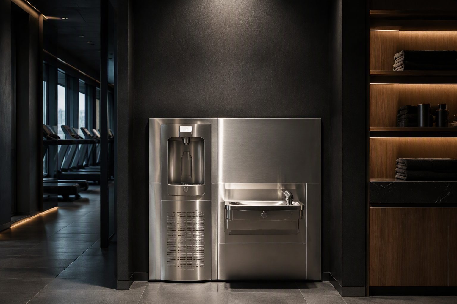 Brushed stainless steel commercial water cooler against a dark architectural wall