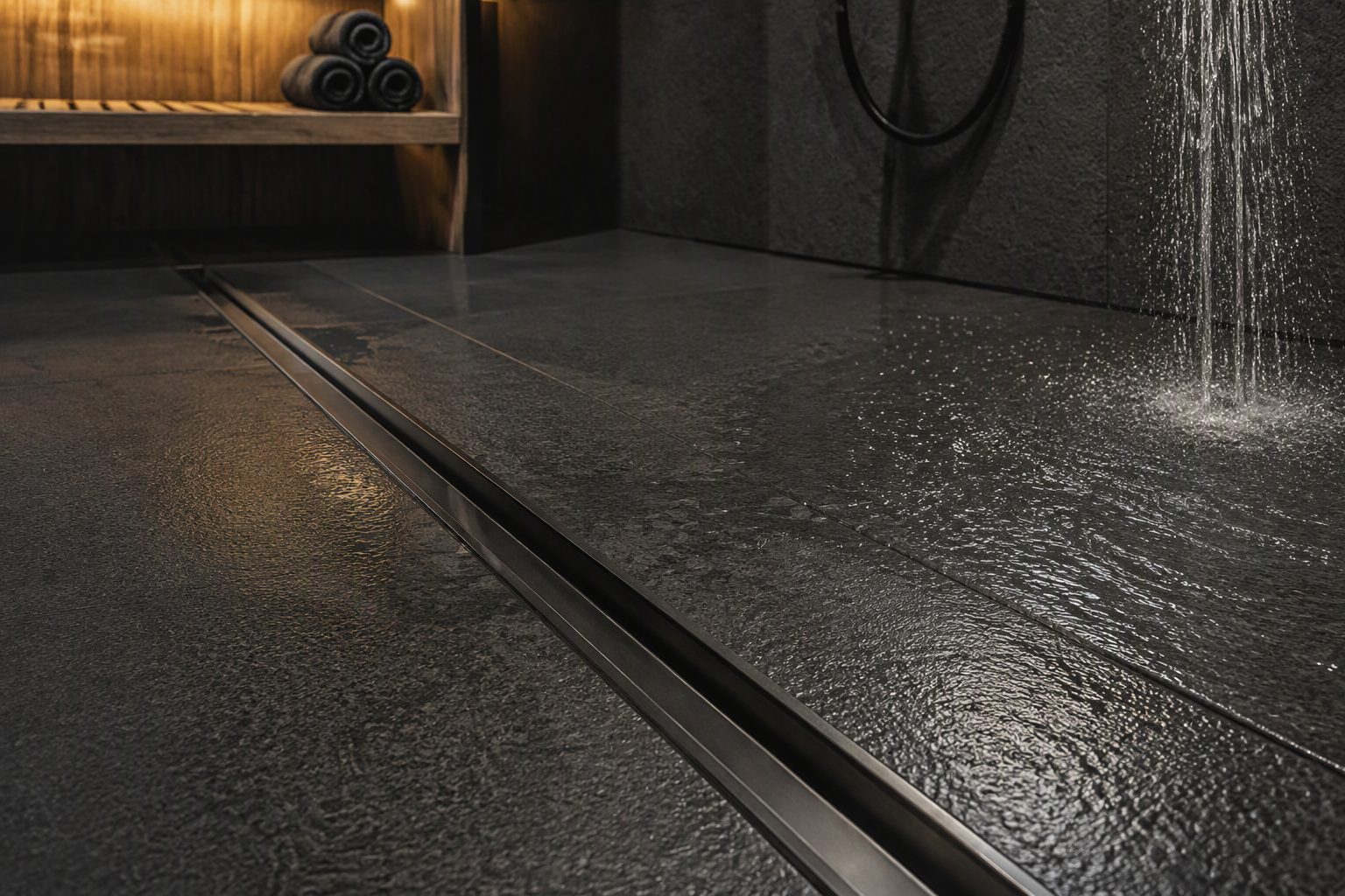 Dark textured commercial wet room flooring with linear drainage channel