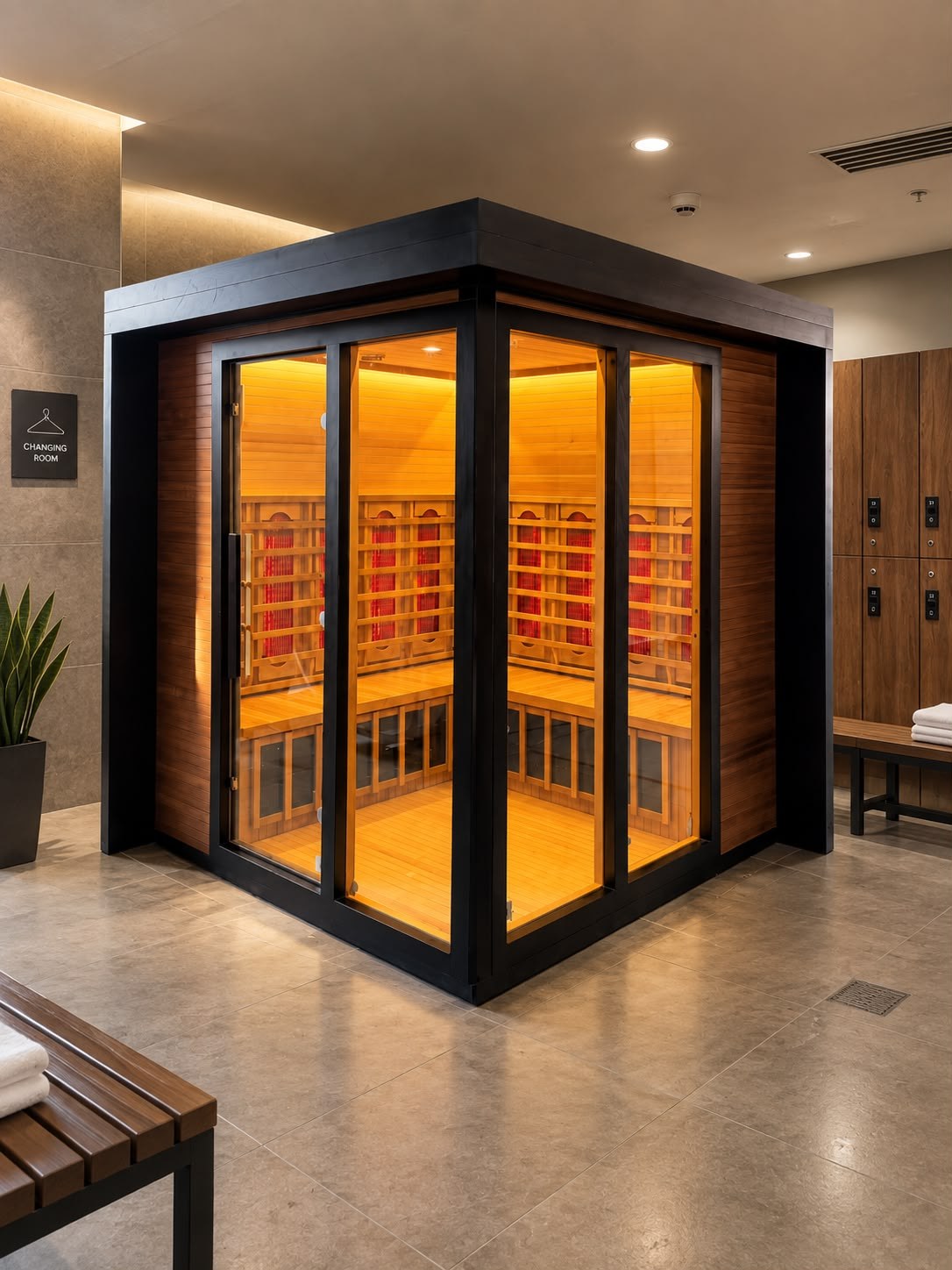 Commercial infrared sauna with full glass front installed in a changing-room environment