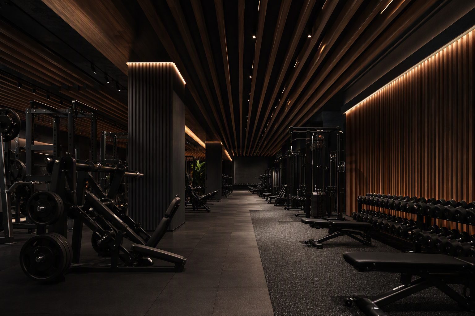 Premium commercial gym interior with dark palette and warm timber ceiling