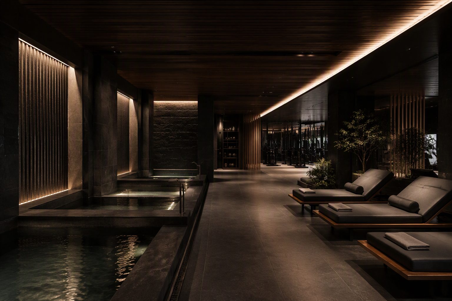 High-end wellness and recovery facility interior with plunge pools and lounge seating